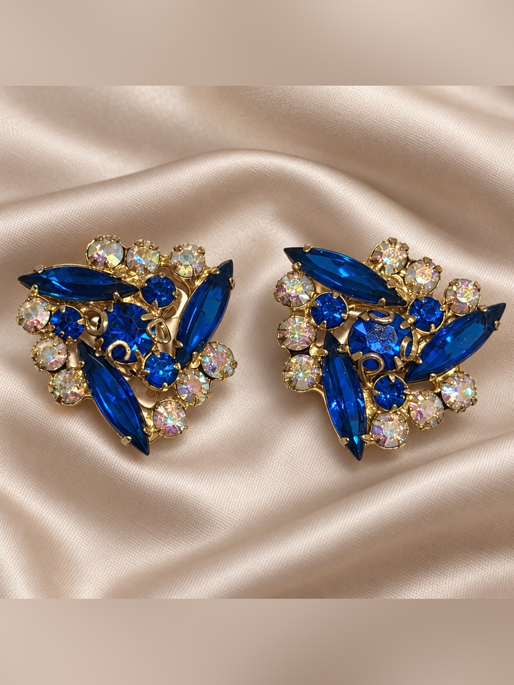Juliana Confirmed Rare Sapphire Blue Navette AB Crystal Vintage Clip-On Earrings